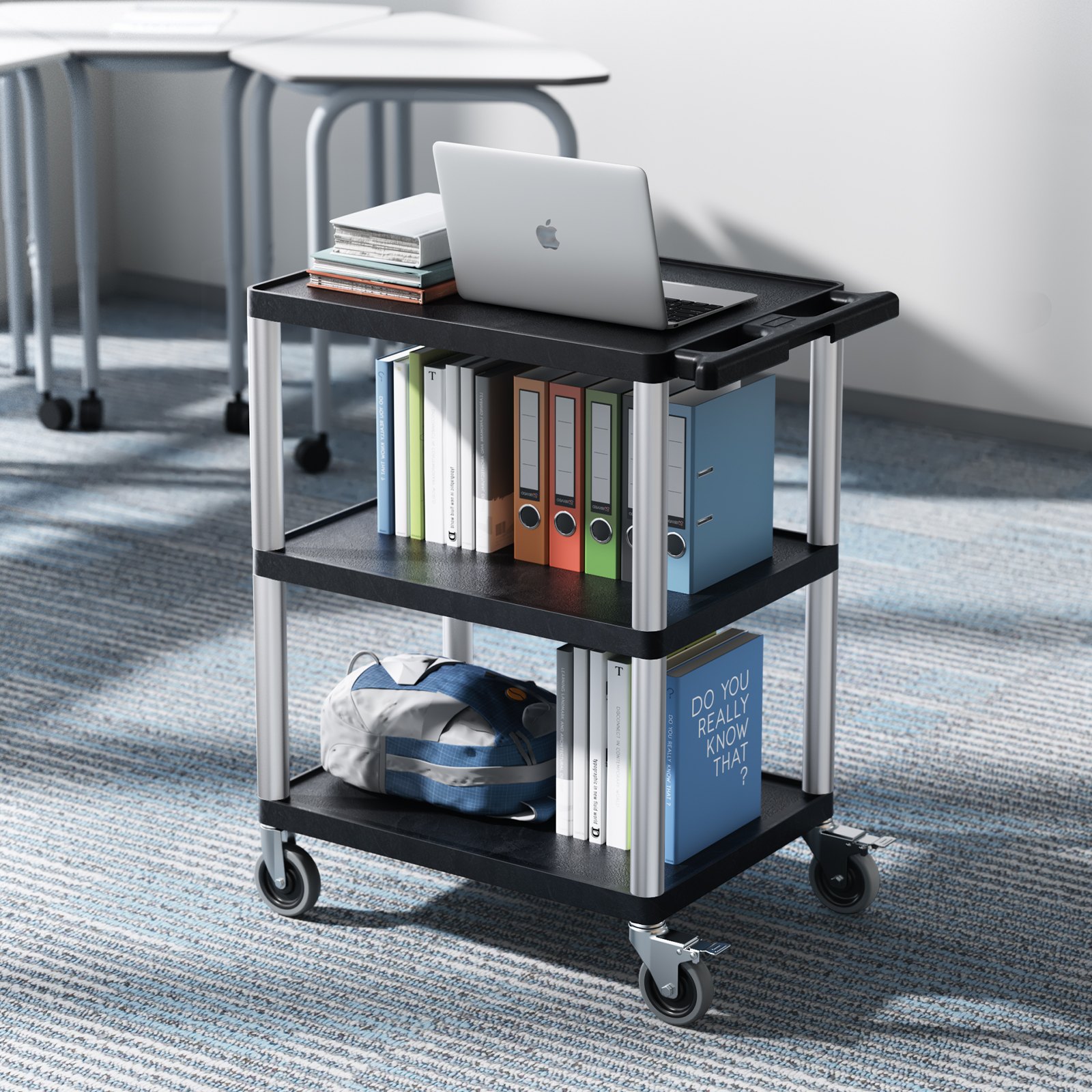 VEVOR Tool Trolley, 136 kg Load Capacity, Workshop Trolley, Multi-Purpose Trolley made of Plastic with Three Shelves & 360° Swivel Casters (2 with Brakes), Suitable for Warehouse, Garage, Cleaning, 695x460x825 mm