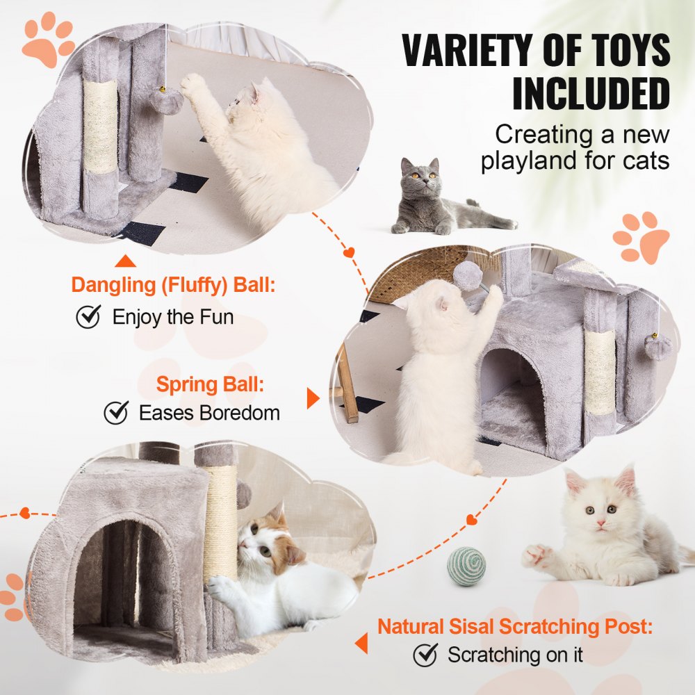 VEVOR Árbol para Gatos 80 cm Torre de Escalada para Gatos con Poste Rascador de Sisal Caseta Hamaca Percha Superior Plataformas de Salto Bola Colgante para Actividad de Gatos en Interior, Gris Claro