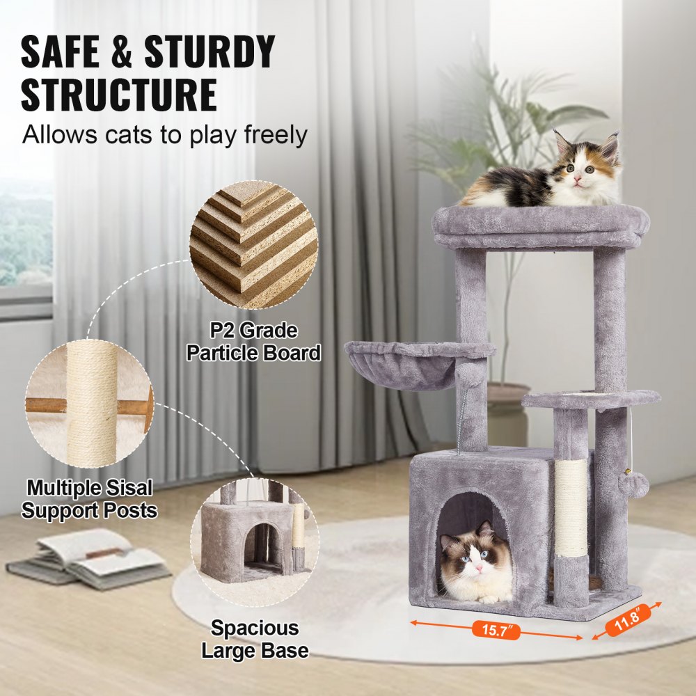 VEVOR Árbol para Gatos 80 cm Torre de Escalada para Gatos con Poste Rascador de Sisal Caseta Hamaca Percha Superior Plataformas de Salto Bola Colgante para Actividad de Gatos en Interior, Gris Claro