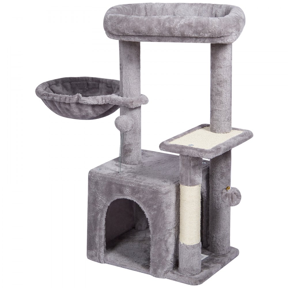 VEVOR Árbol para Gatos 80 cm Torre de Escalada para Gatos con Poste Rascador de Sisal Caseta Hamaca Percha Superior Plataformas de Salto Bola Colgante para Actividad de Gatos en Interior, Gris Claro