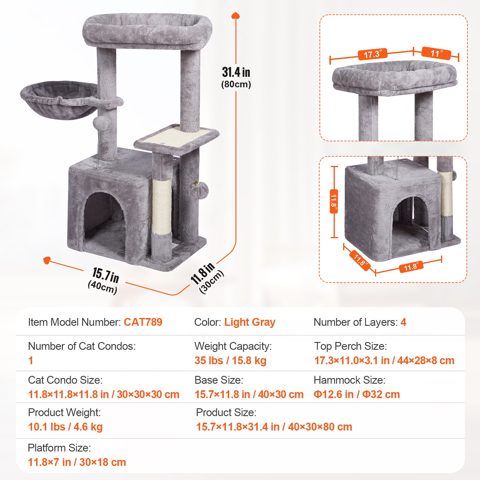 VEVOR Árbol para Gatos 80 cm Torre de Escalada para Gatos con Poste Rascador de Sisal Caseta Hamaca Percha Superior Plataformas de Salto Bola Colgante para Actividad de Gatos en Interior, Gris Claro