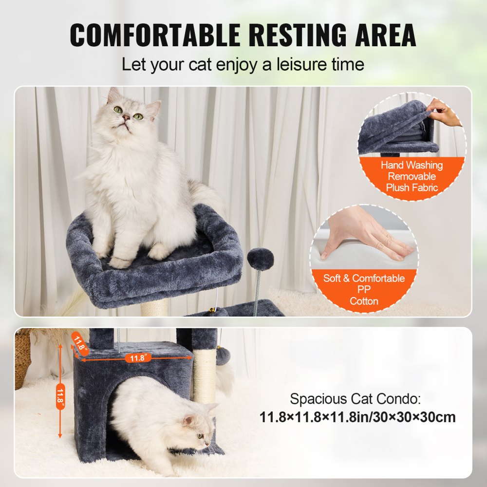 VEVOR Árbol para Gatos 80 cm Torre de Escalada para Gatos con Poste Rascador de Sisal Caseta Hamaca Percha Superior Plataformas de Salto Bola Colgante para Actividad de Gatos en Interior, Gris Oscuro