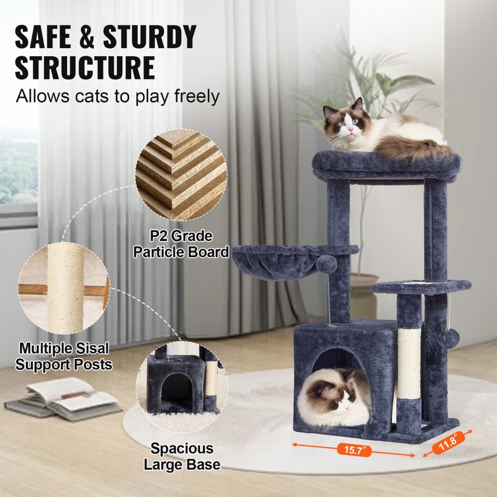 VEVOR Árbol para Gatos 80 cm Torre de Escalada para Gatos con Poste Rascador de Sisal Caseta Hamaca Percha Superior Plataformas de Salto Bola Colgante para Actividad de Gatos en Interior, Gris Oscuro