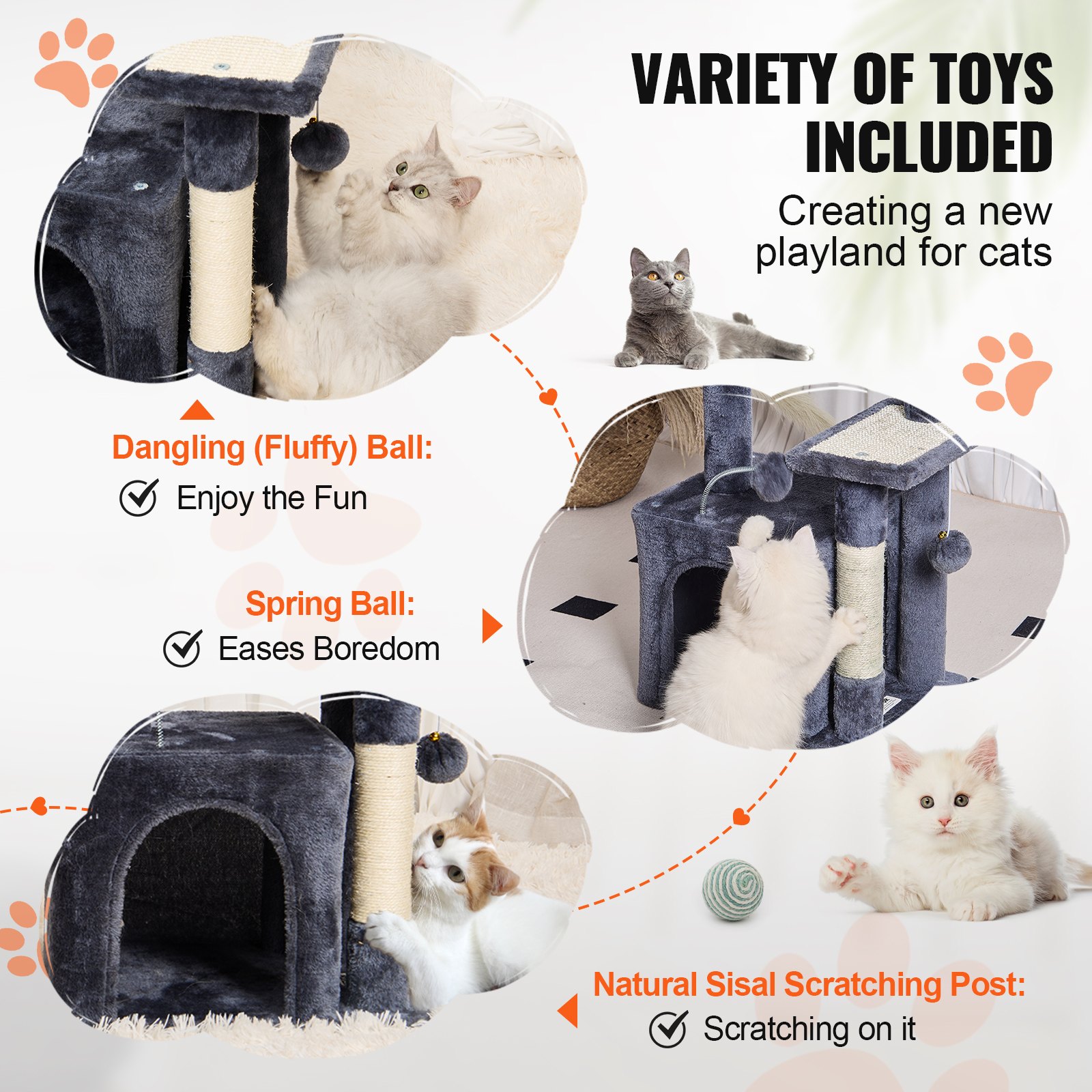 VEVOR Árbol para Gatos 80 cm Torre de Escalada para Gatos con Poste Rascador de Sisal Caseta Hamaca Percha Superior Plataformas de Salto Bola Colgante para Actividad de Gatos en Interior, Gris Oscuro