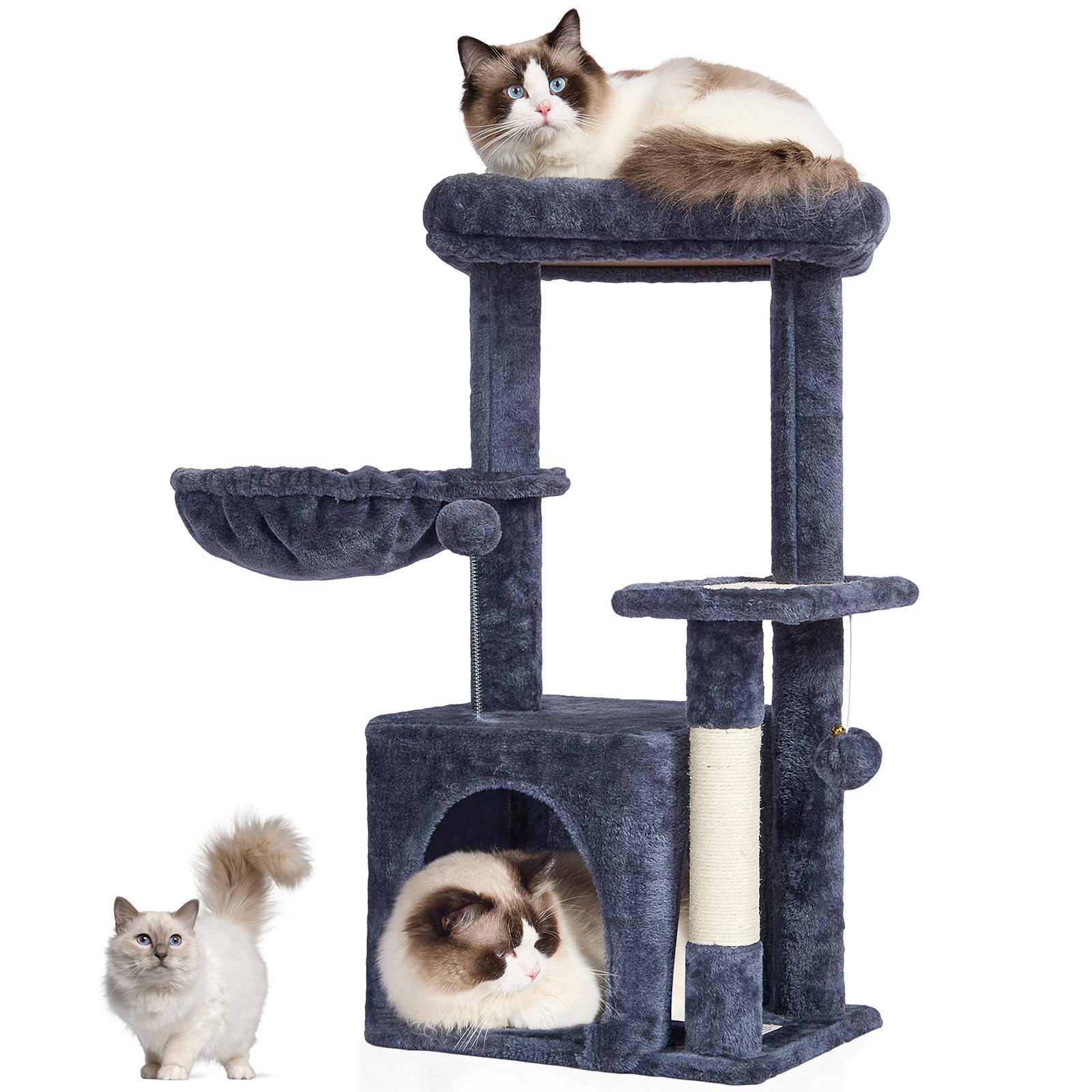 VEVOR Árbol para Gatos 80 cm Torre de Escalada para Gatos con Poste Rascador de Sisal Caseta Hamaca Percha Superior Plataformas de Salto Bola Colgante para Actividad de Gatos en Interior, Gris Oscuro