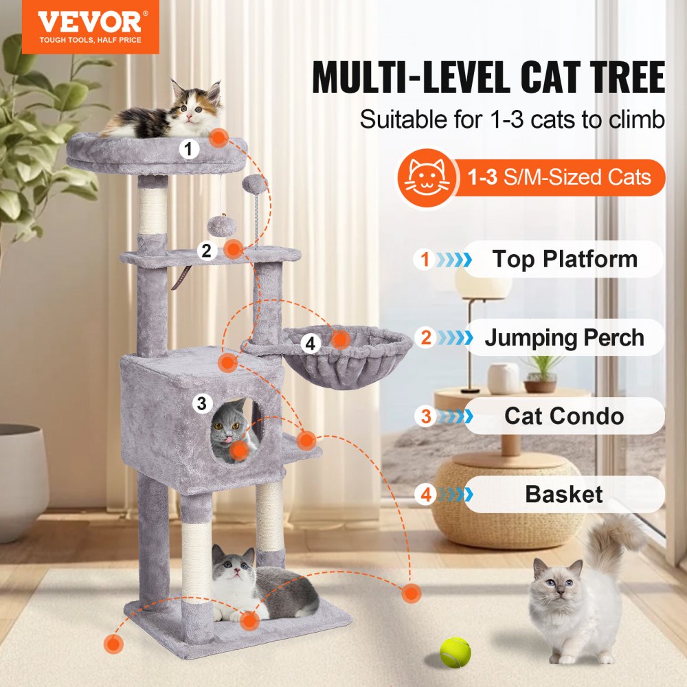 VEVOR Árbol para Gatos 115cm Torre de Escalada para Gatos con Poste Rascador de Sisal Caseta Hamaca Percha Superior Plataformas de Salto Bola Colgante para Actividad de Gatos en Interior, Gris Claro