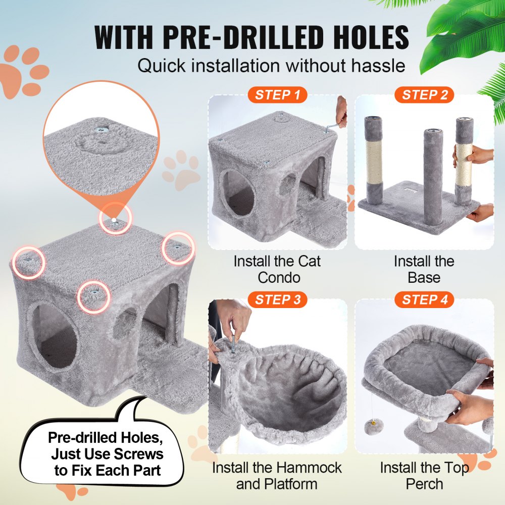 VEVOR Árbol para Gatos 115cm Torre de Escalada para Gatos con Poste Rascador de Sisal Caseta Hamaca Percha Superior Plataformas de Salto Bola Colgante para Actividad de Gatos en Interior, Gris Claro