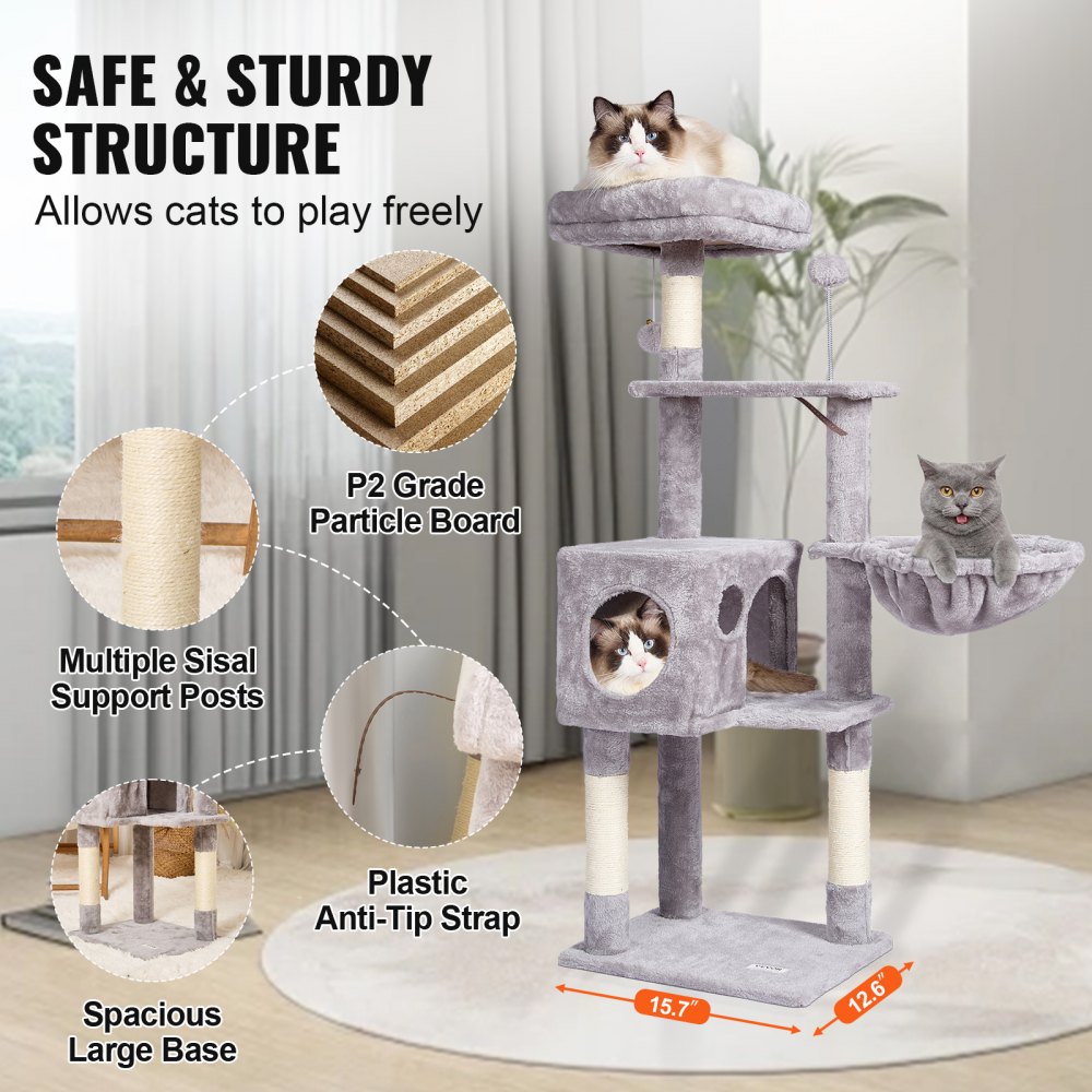 VEVOR Árbol para Gatos 115cm Torre de Escalada para Gatos con Poste Rascador de Sisal Caseta Hamaca Percha Superior Plataformas de Salto Bola Colgante para Actividad de Gatos en Interior, Gris Claro