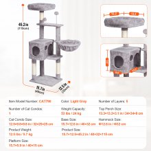 VEVOR Torre Interior Árbol para Gatos 115 cm con Hamaca Casita, Gris Claro