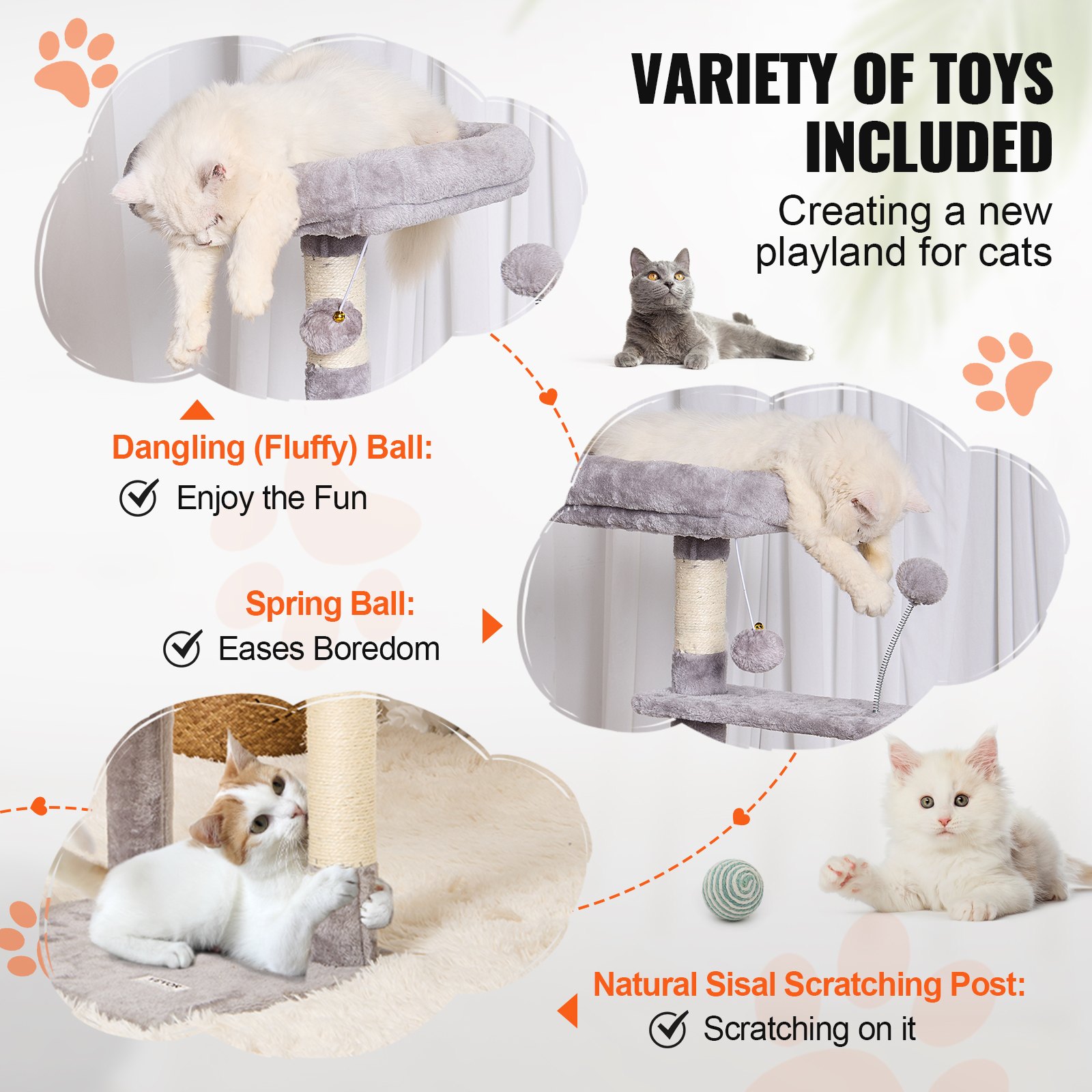 VEVOR Árbol para Gatos 115cm Torre de Escalada para Gatos con Poste Rascador de Sisal Caseta Hamaca Percha Superior Plataformas de Salto Bola Colgante para Actividad de Gatos en Interior, Gris Claro