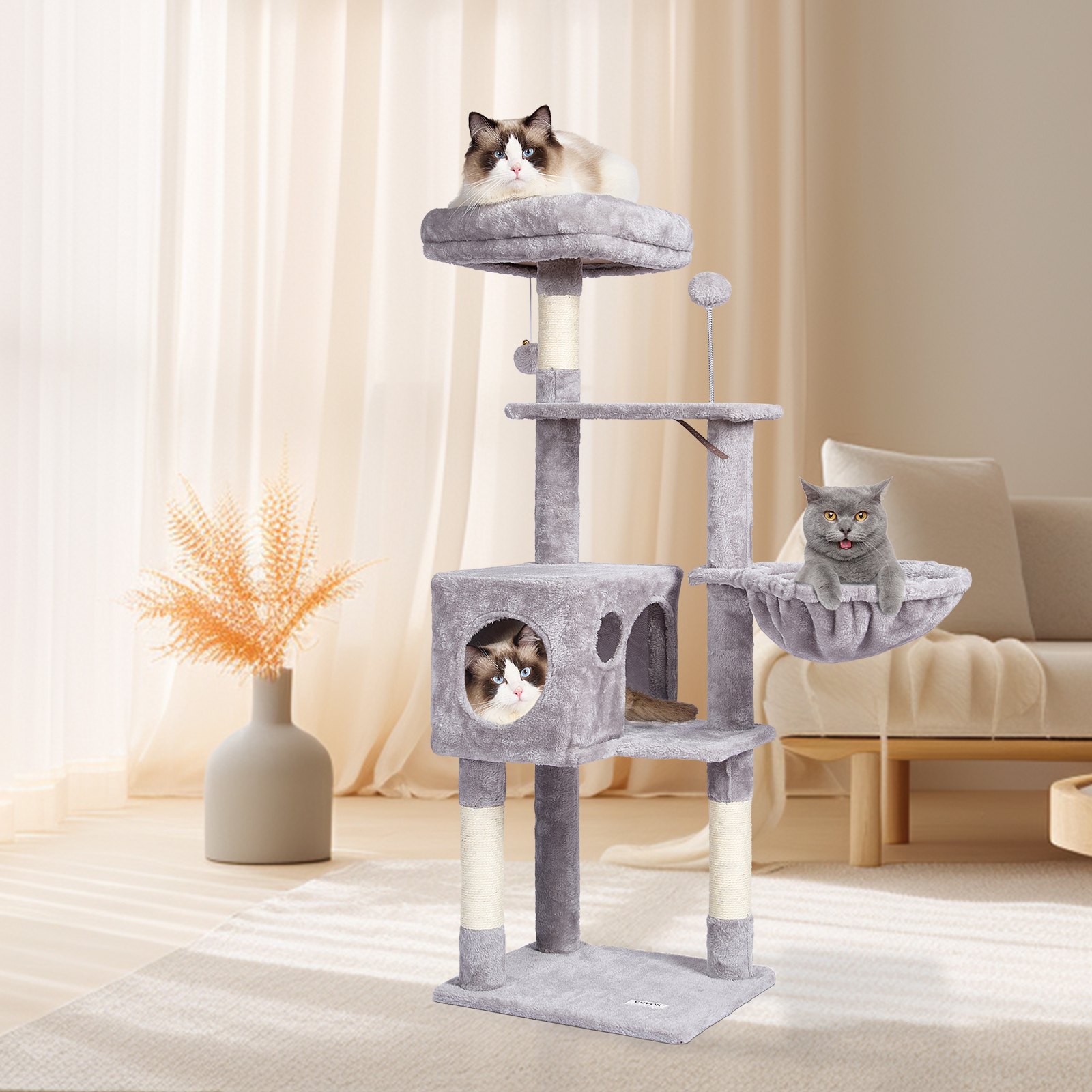 VEVOR Árbol para Gatos 115cm Torre de Escalada para Gatos con Poste Rascador de Sisal Caseta Hamaca Percha Superior Plataformas de Salto Bola Colgante para Actividad de Gatos en Interior, Gris Claro