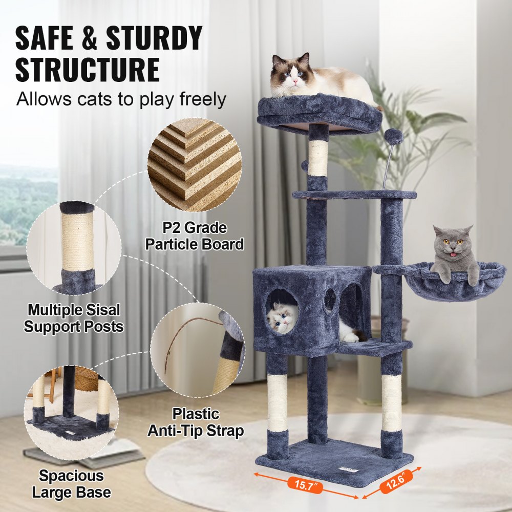 VEVOR Árbol para Gatos 115 cm Torre de Escalada para Gatos con Rascador de Sisal Hamaca Percha, Perca Superior, Plataformas de Salto Bola Colgante para  Actividades de Gatos en Interior, Gris Oscuro