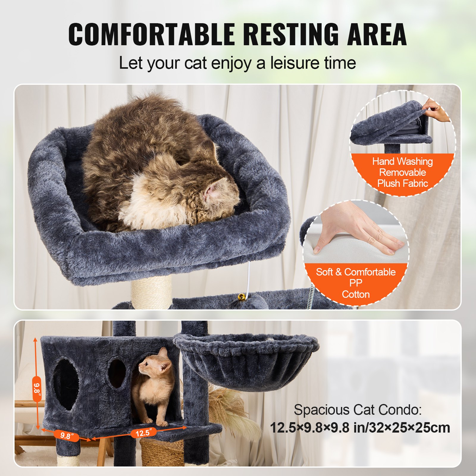 VEVOR Árbol para Gatos 115 cm Torre de Escalada para Gatos con Rascador de Sisal Hamaca Percha, Perca Superior, Plataformas de Salto Bola Colgante para  Actividades de Gatos en Interior, Gris Oscuro