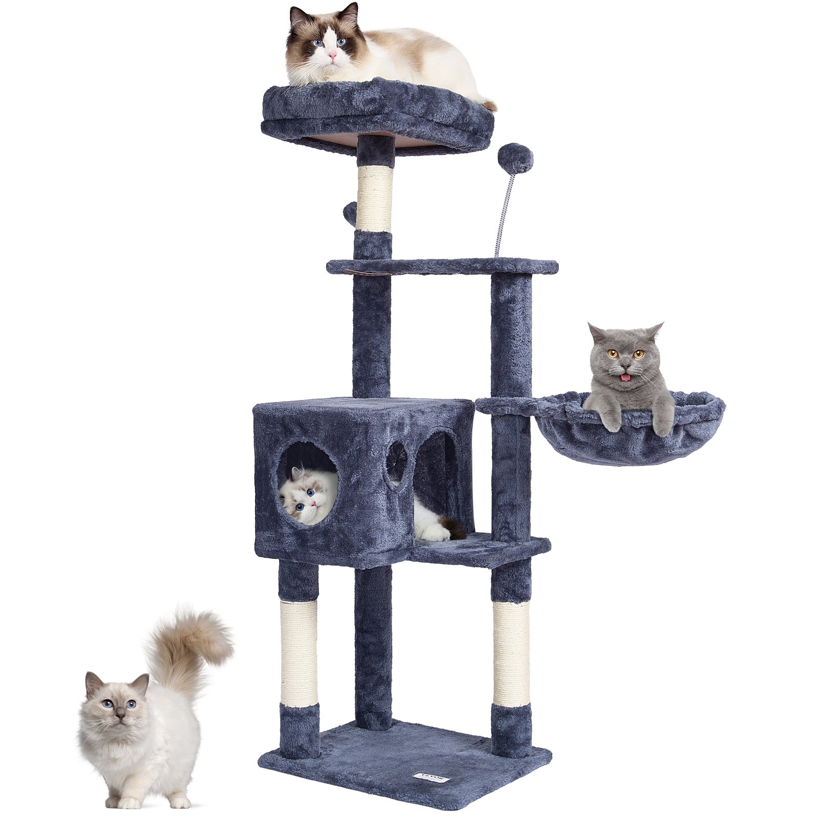 VEVOR Árbol para Gatos 115 cm Torre de Escalada para Gatos con Rascador de Sisal Hamaca Percha, Perca Superior, Plataformas de Salto Bola Colgante para  Actividades de Gatos en Interior, Gris Oscuro