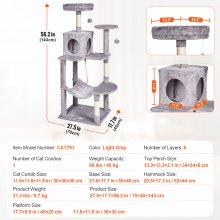 VEVOR Torre Interior Árbol para Gatos 143 cm con Hamaca Casita, Gris Claro