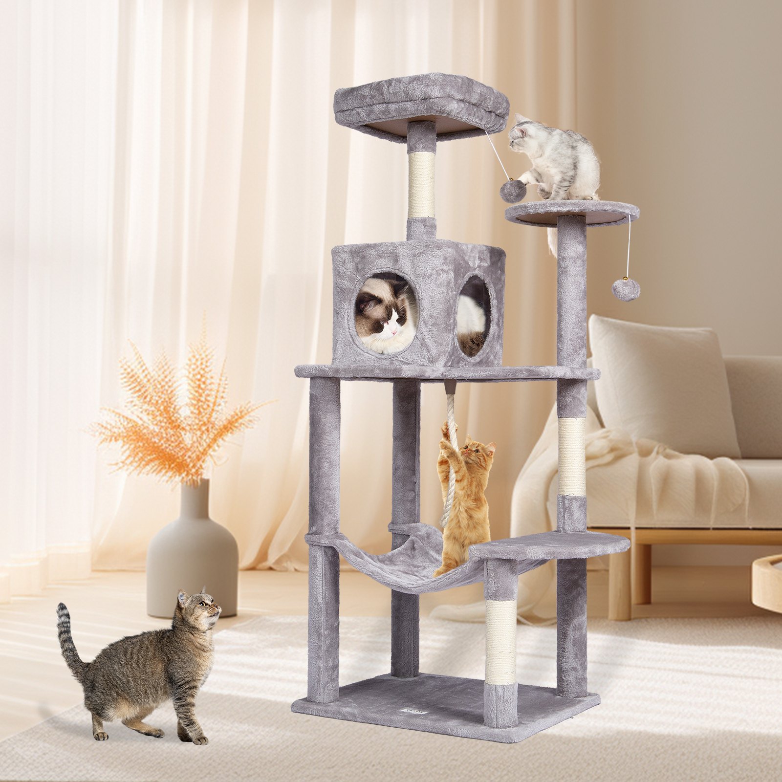 VEVOR Árbol para Gatos 143cm Torre de Escalada para Gatos con Poste Rascador de Sisal Caseta Hamaca Percha Superior Plataformas de Salto Bola Colgante para Actividad de Gatos en Interior, Gris Claro