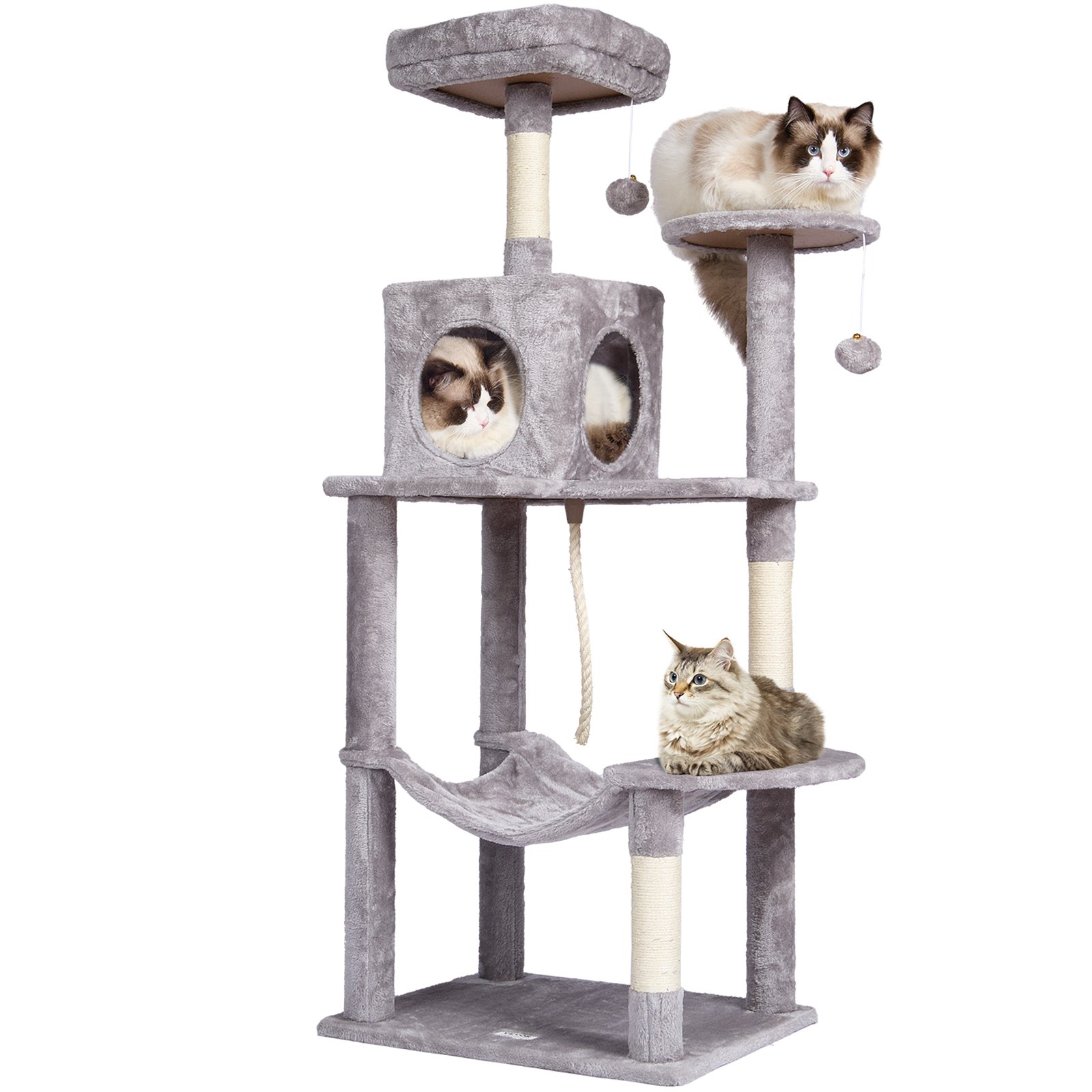 VEVOR Árbol para Gatos 143cm Torre de Escalada para Gatos con Poste Rascador de Sisal Caseta Hamaca Percha Superior Plataformas de Salto Bola Colgante para Actividad de Gatos en Interior, Gris Claro
