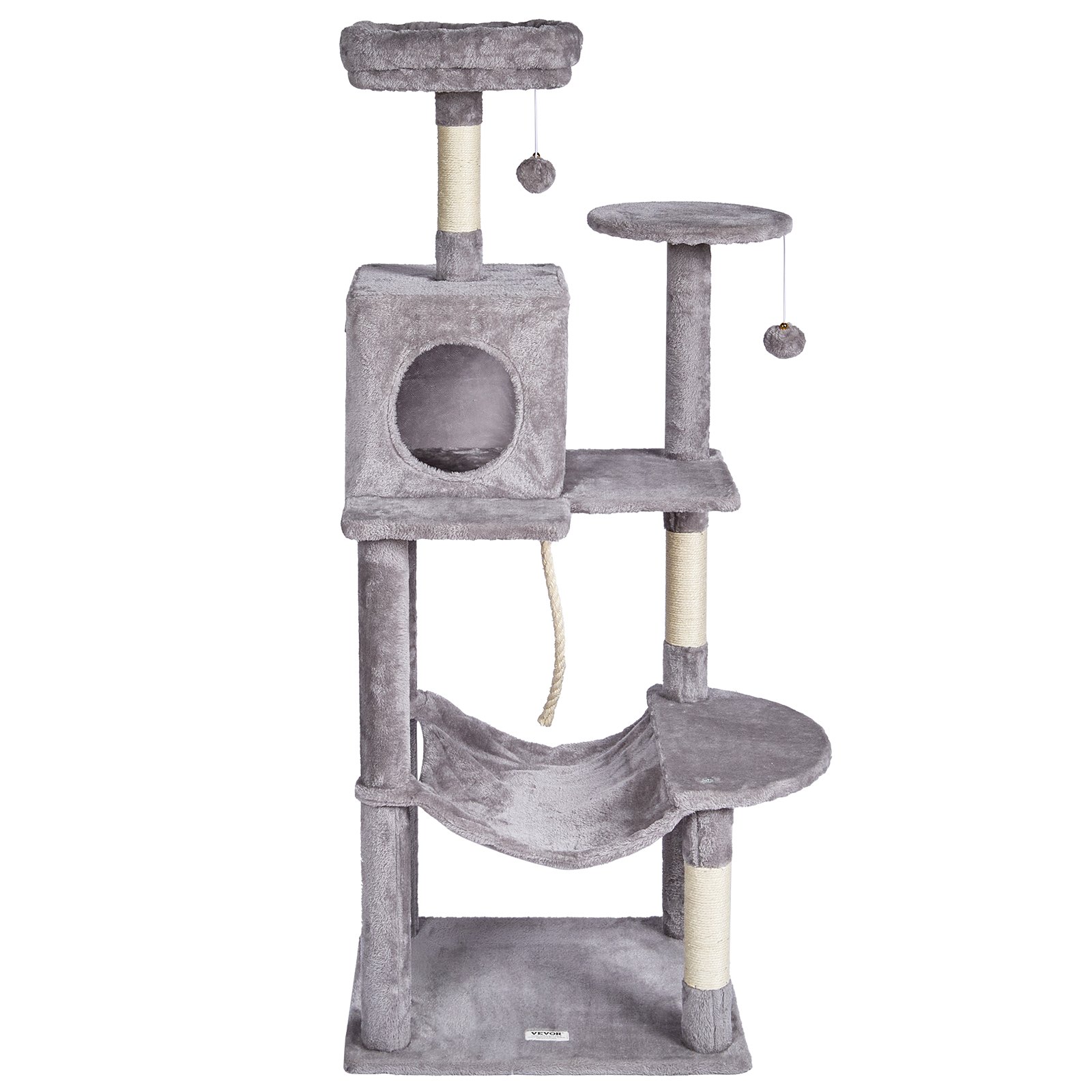 VEVOR Árbol para Gatos 143cm Torre de Escalada para Gatos con Poste Rascador de Sisal Caseta Hamaca Percha Superior Plataformas de Salto Bola Colgante para Actividad de Gatos en Interior, Gris Claro