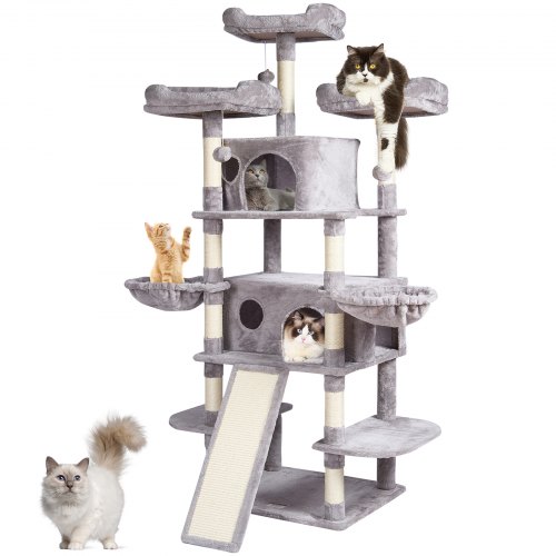 VEVOR Árbol para Gatos 174cm Torre de Escalada para Gatos con Rascador de Sisal 2 Casetas Hamacas Perchas Superiores Plataformas de Salto Rampa Bolas Colgantes para Actividad en Interior, Gris Claro