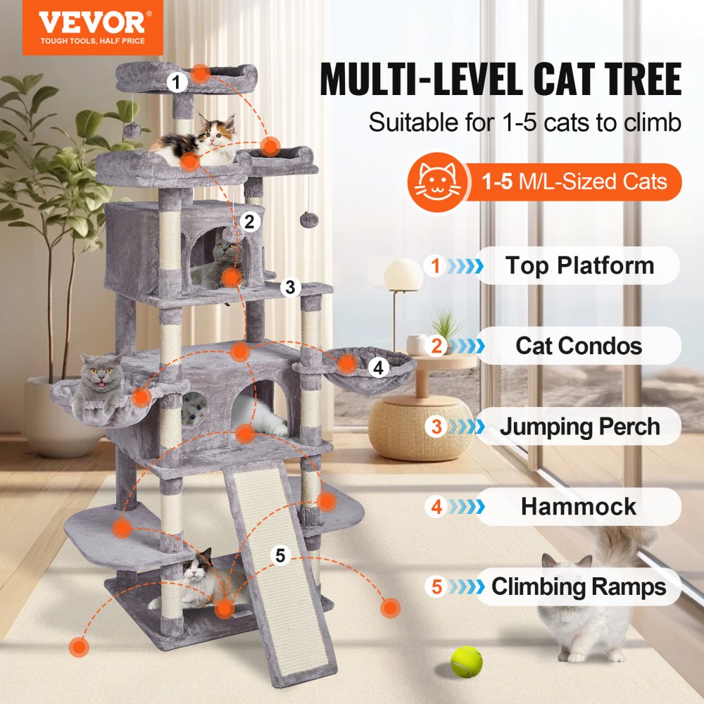 VEVOR Árbol para Gatos 174cm Torre de Escalada para Gatos con Rascador de Sisal 2 Casetas Hamacas Perchas Superiores Plataformas de Salto Rampa Bolas Colgantes para Actividad en Interior, Gris Claro