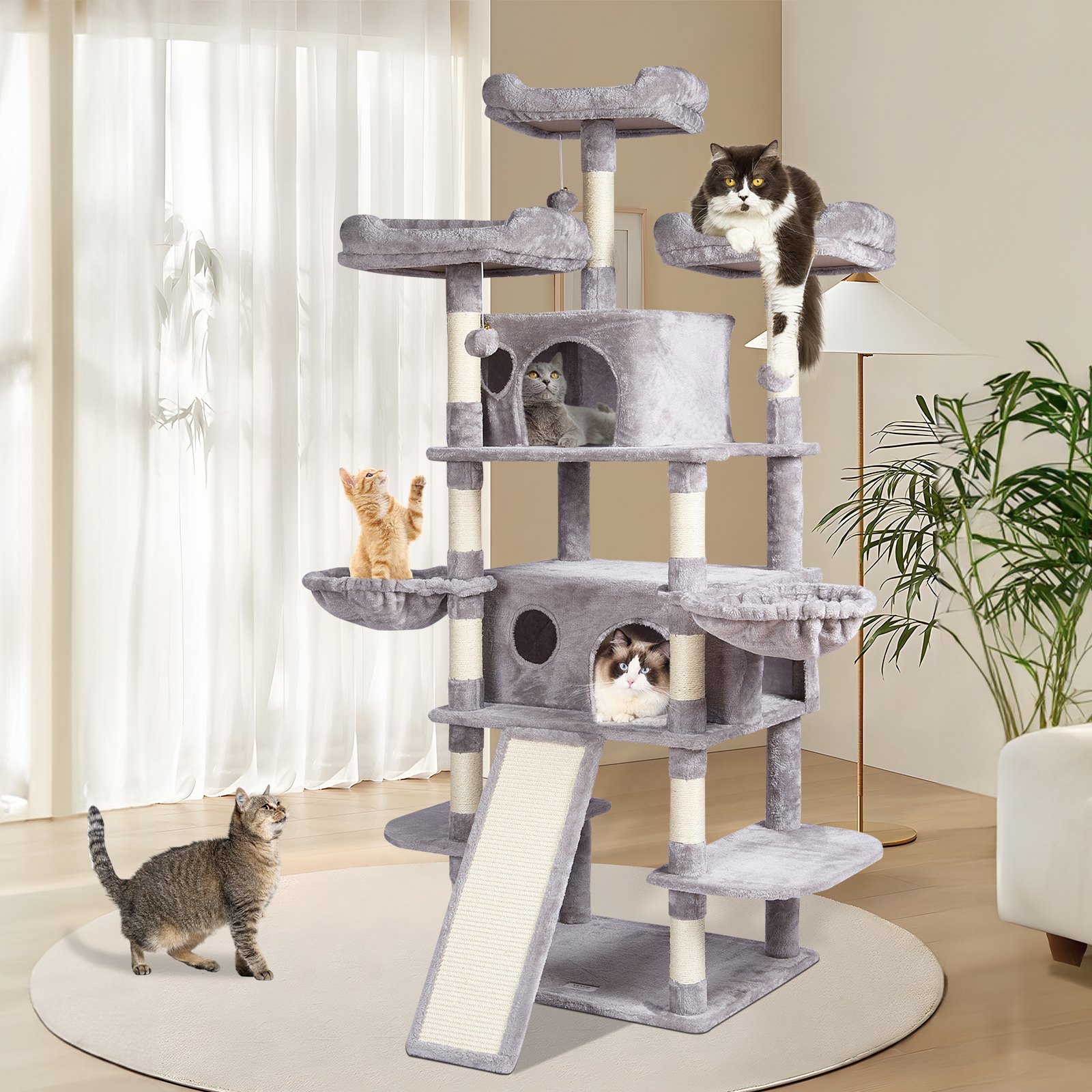 VEVOR Árbol para Gatos 174cm Torre de Escalada para Gatos con Rascador de Sisal 2 Casetas Hamacas Perchas Superiores Plataformas de Salto Rampa Bolas Colgantes para Actividad en Interior, Gris Claro