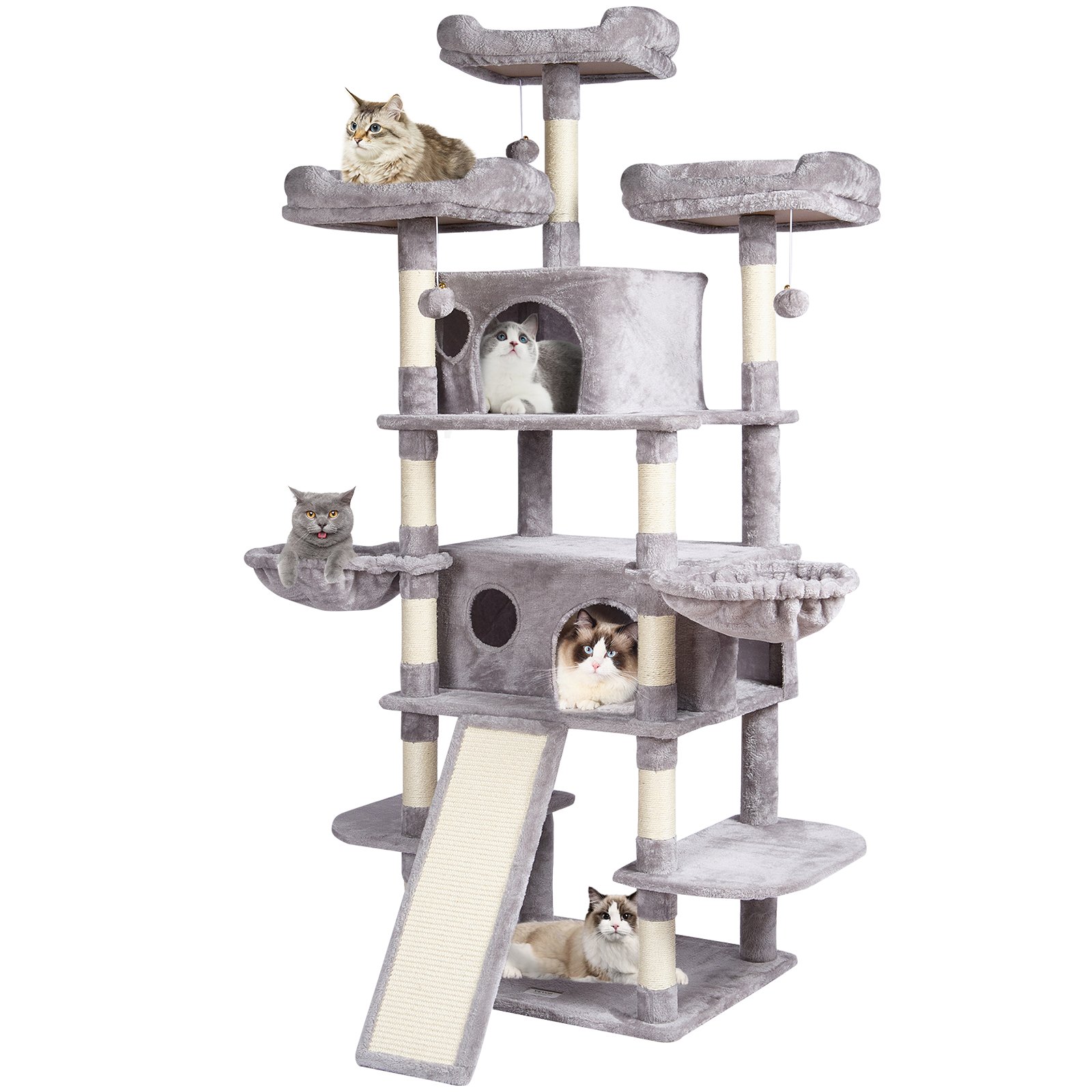 VEVOR Árbol para Gatos 174cm Torre de Escalada para Gatos con Rascador de Sisal 2 Casetas Hamacas Perchas Superiores Plataformas de Salto Rampa Bolas Colgantes para Actividad en Interior, Gris Claro