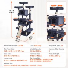 VEVOR Torre Interior Árbol para Gatos 174 cm con Rascador 2 Casitas, Gris Oscuro
