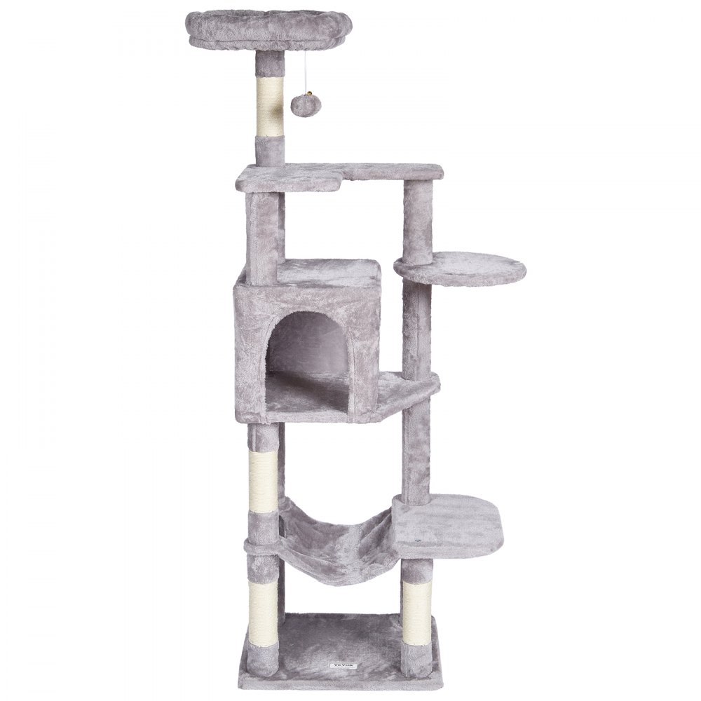 VEVOR Árbol para Gatos 154cm Torre de Escalada para Gatos con Poste Rascador de Sisal Caseta Hamaca Percha Superior Plataformas de Salto Bola Colgante para Actividad de Gatos en Interior, Gris Claro