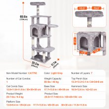 VEVOR Torre Interior Árbol para Gatos 154 cm con Hamaca Casita, Gris Claro