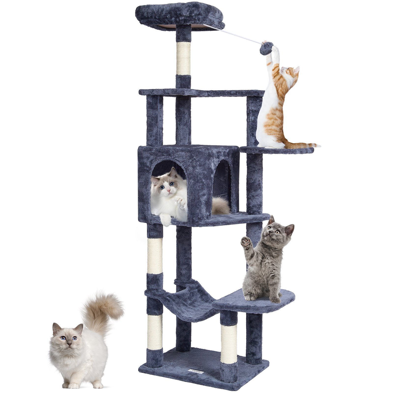 VEVOR Árbol para Gatos 154cm Torre de Escalada para Gatos con Poste Rascador de Sisal Caseta Hamaca Percha Superior Plataformas de Salto Bola Colgante para Actividad de Gatos en Interior, Gris Oscuro