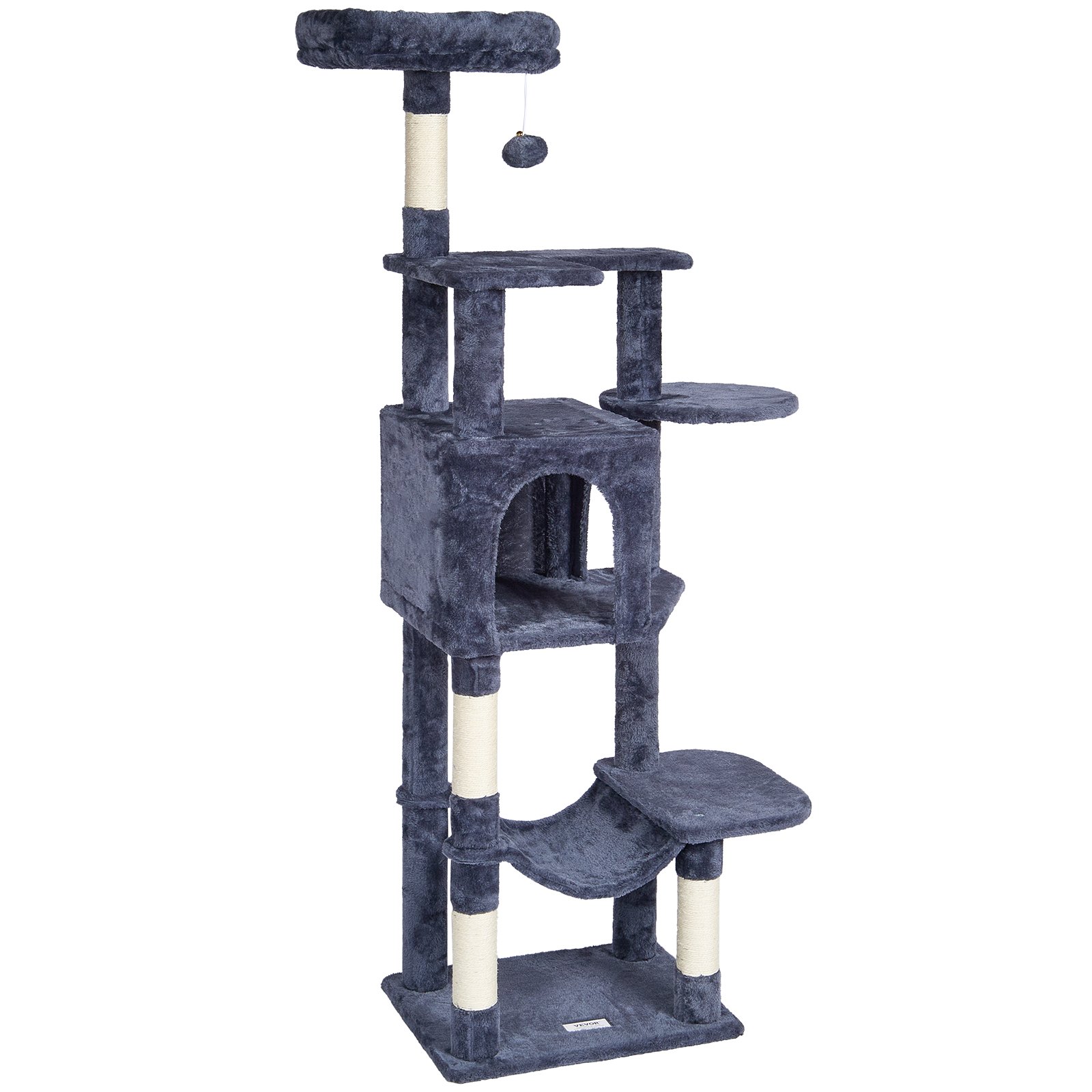 VEVOR Árbol para Gatos 154cm Torre de Escalada para Gatos con Poste Rascador de Sisal Caseta Hamaca Percha Superior Plataformas de Salto Bola Colgante para Actividad de Gatos en Interior, Gris Oscuro