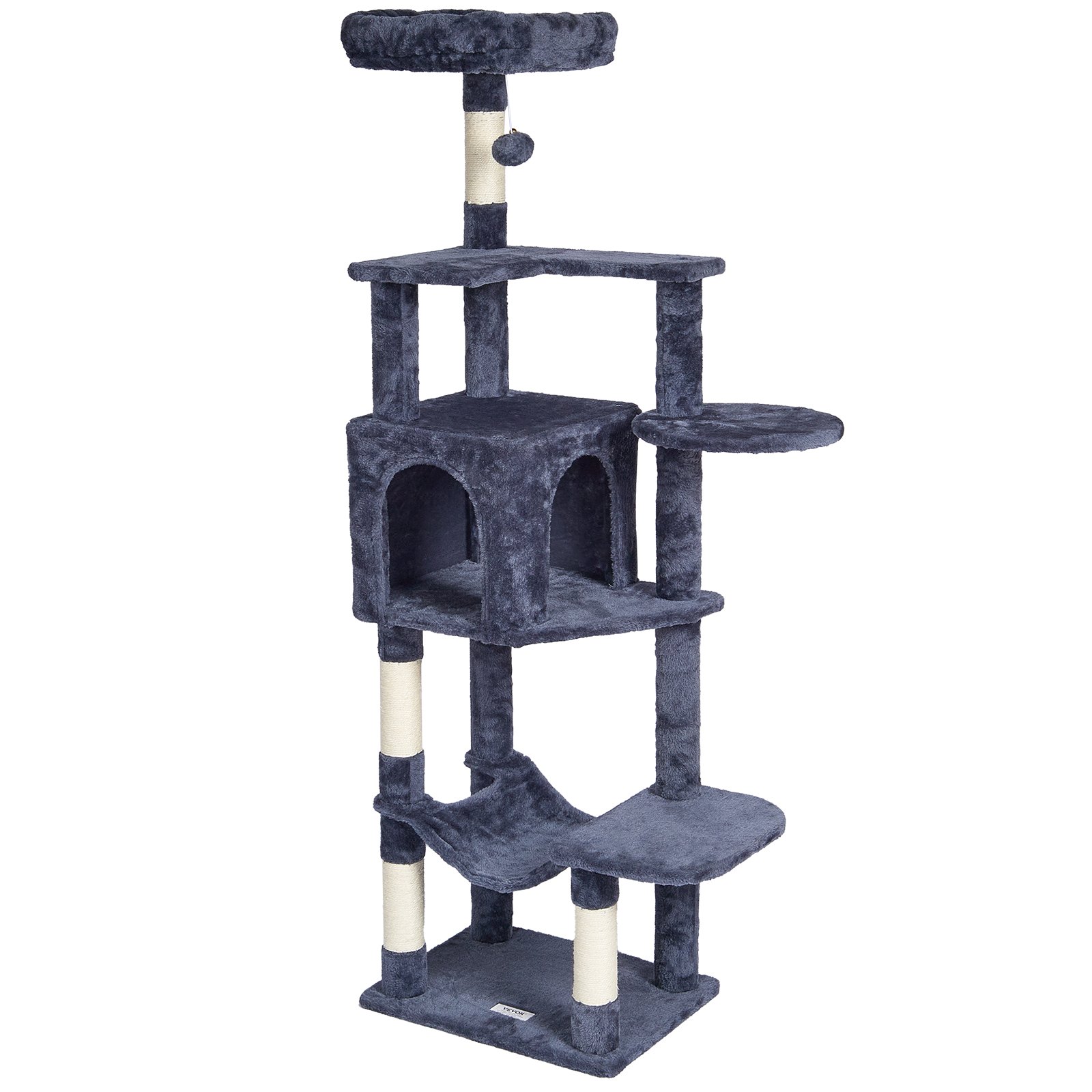 VEVOR Árbol para Gatos 154cm Torre de Escalada para Gatos con Poste Rascador de Sisal Caseta Hamaca Percha Superior Plataformas de Salto Bola Colgante para Actividad de Gatos en Interior, Gris Oscuro