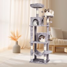 VEVOR Torre Interior Árbol para Gatos 160 cm con Hamaca 2 Casitas, Gris Claro