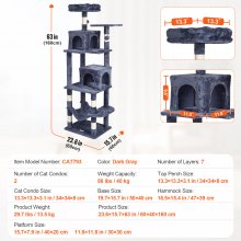 VEVOR Torre Interior Árbol para Gatos 160 cm con Hamaca 2 Casitas, Gris Oscuro