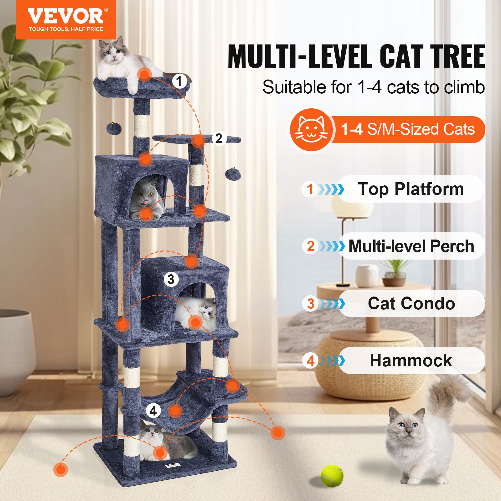 VEVOR Árbol para Gatos 160cm Torre de Escalada para Gatos con Rascador de Sisal 2 Casetas Hamaca Percha Superior Plataformas de Salto Bola Colgante para Actividades de Gato en Interior, Gris Oscuro