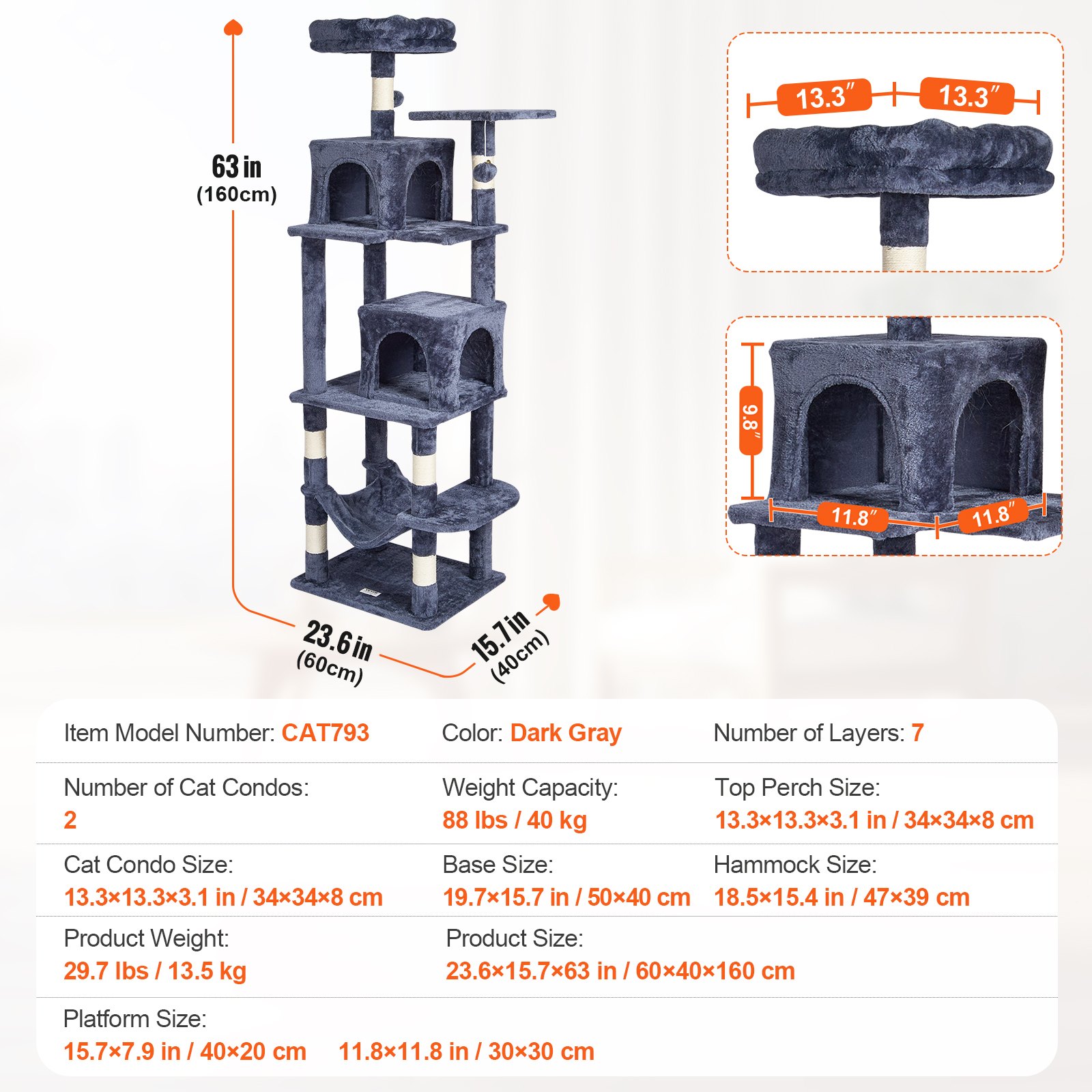VEVOR Árbol para Gatos 160cm Torre de Escalada para Gatos con Rascador de Sisal 2 Casetas Hamaca Percha Superior Plataformas de Salto Bola Colgante para Actividades de Gato en Interior, Gris Oscuro