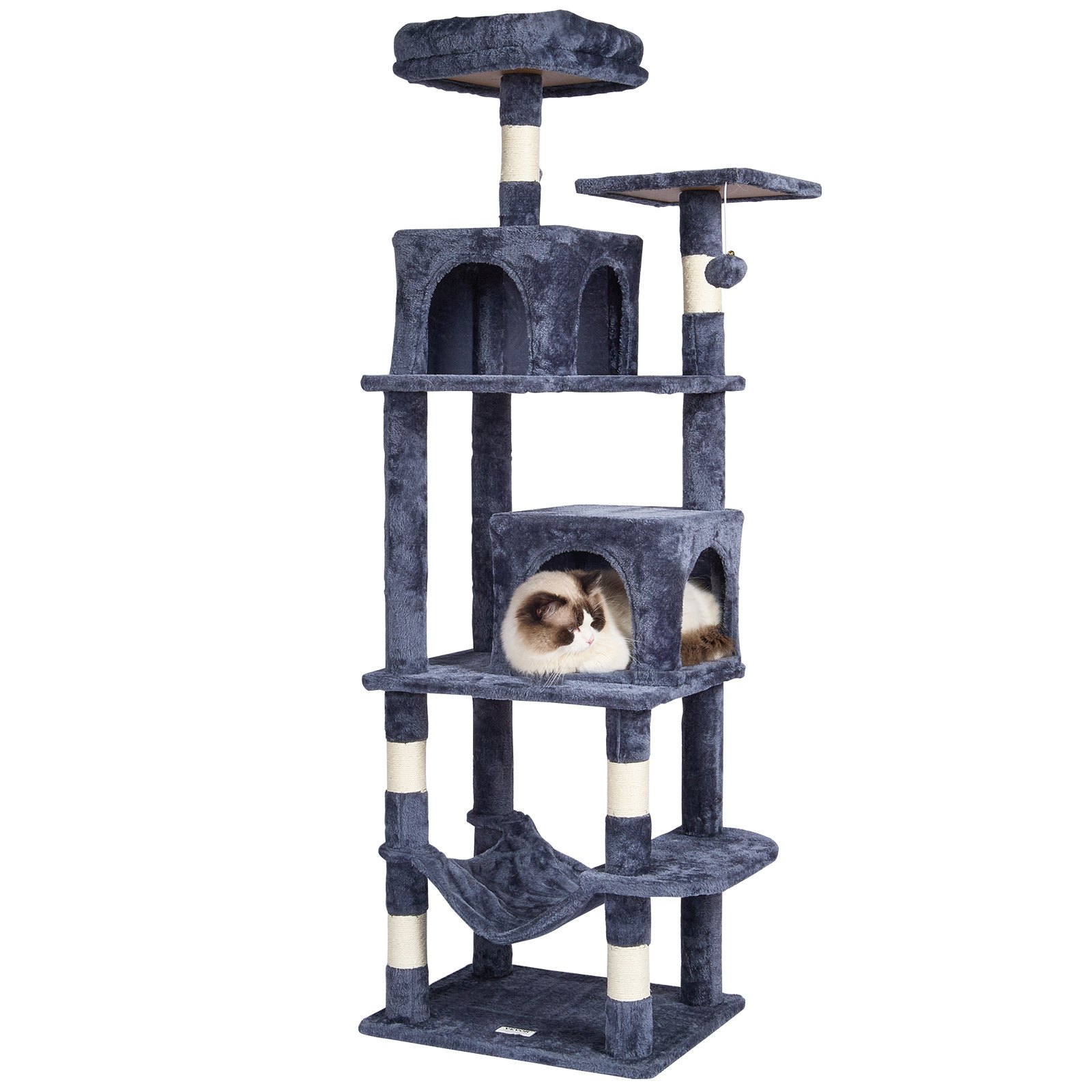 VEVOR Árbol para Gatos 160cm Torre de Escalada para Gatos con Rascador de Sisal 2 Casetas Hamaca Percha Superior Plataformas de Salto Bola Colgante para Actividades de Gato en Interior, Gris Oscuro