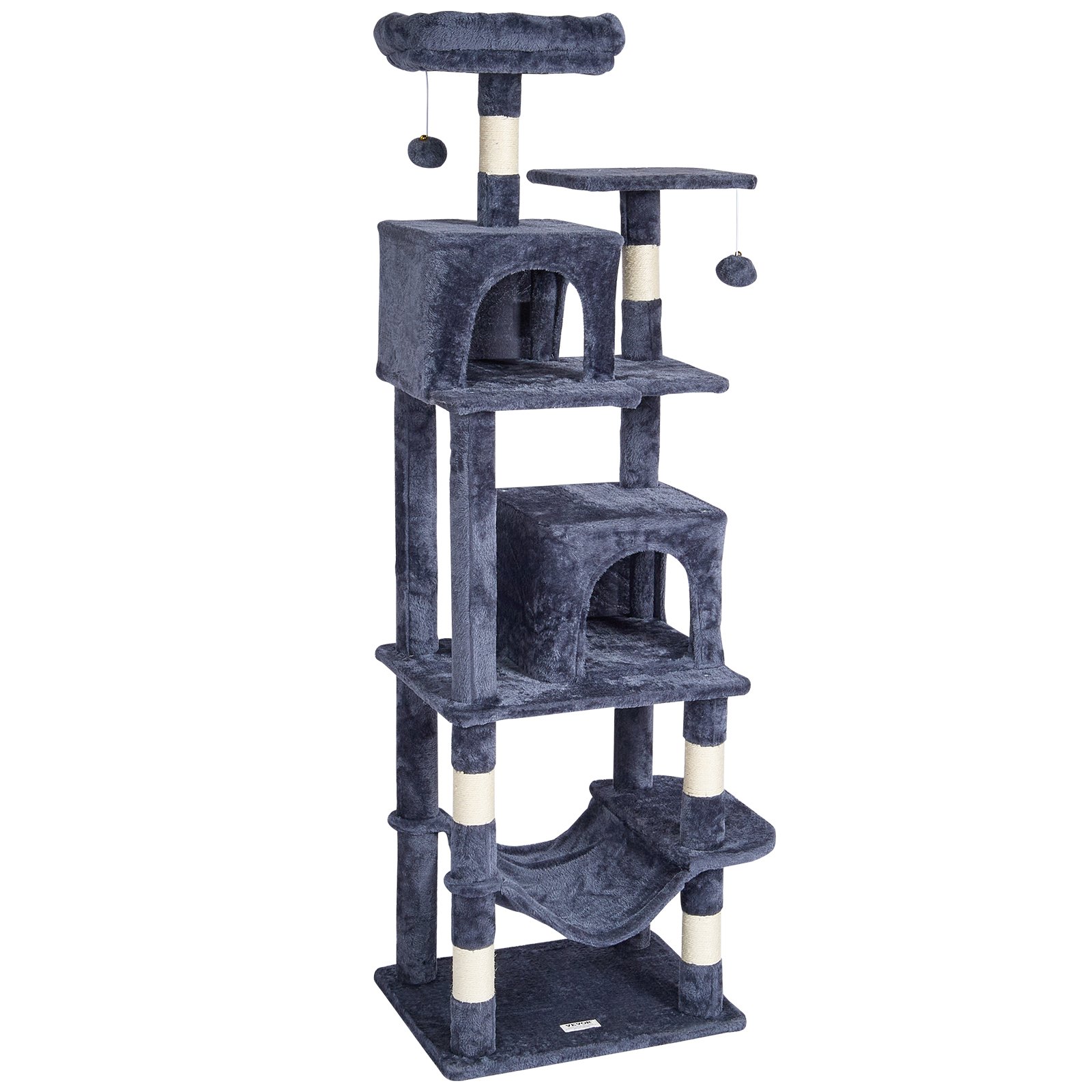 VEVOR Árbol para Gatos 160cm Torre de Escalada para Gatos con Rascador de Sisal 2 Casetas Hamaca Percha Superior Plataformas de Salto Bola Colgante para Actividades de Gato en Interior, Gris Oscuro