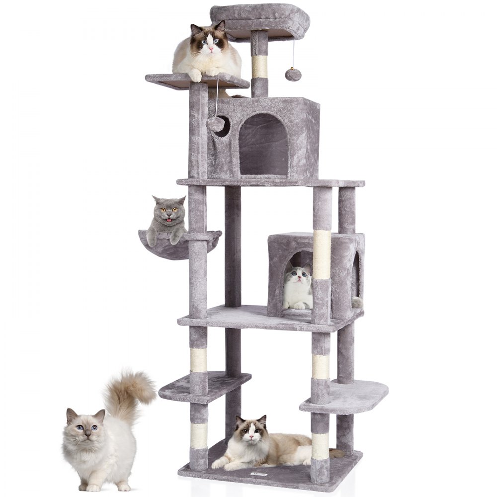 VEVOR Torre de Escalada 174 cm Árbol para Gatos con Hamaca 2 Casitas, Gris Claro