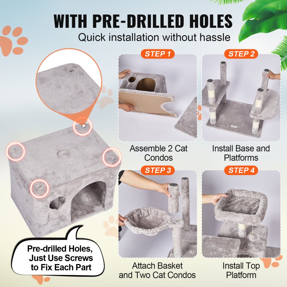 VEVOR Árbol para Gatos 174cm Torre de Escalada para Gatos con Rascador de Sisal 2 Casetas Hamaca Percha Superior Plataformas de Salto Bolas Colgantes para Actividad en Interior, Gris Claro