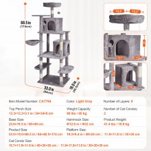 VEVOR Torre de Escalada 174 cm Árbol para Gatos con Hamaca 2 Casitas, Gris Claro