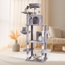 VEVOR Torre de Escalada 174 cm Árbol para Gatos con Hamaca 2 Casitas, Gris Claro