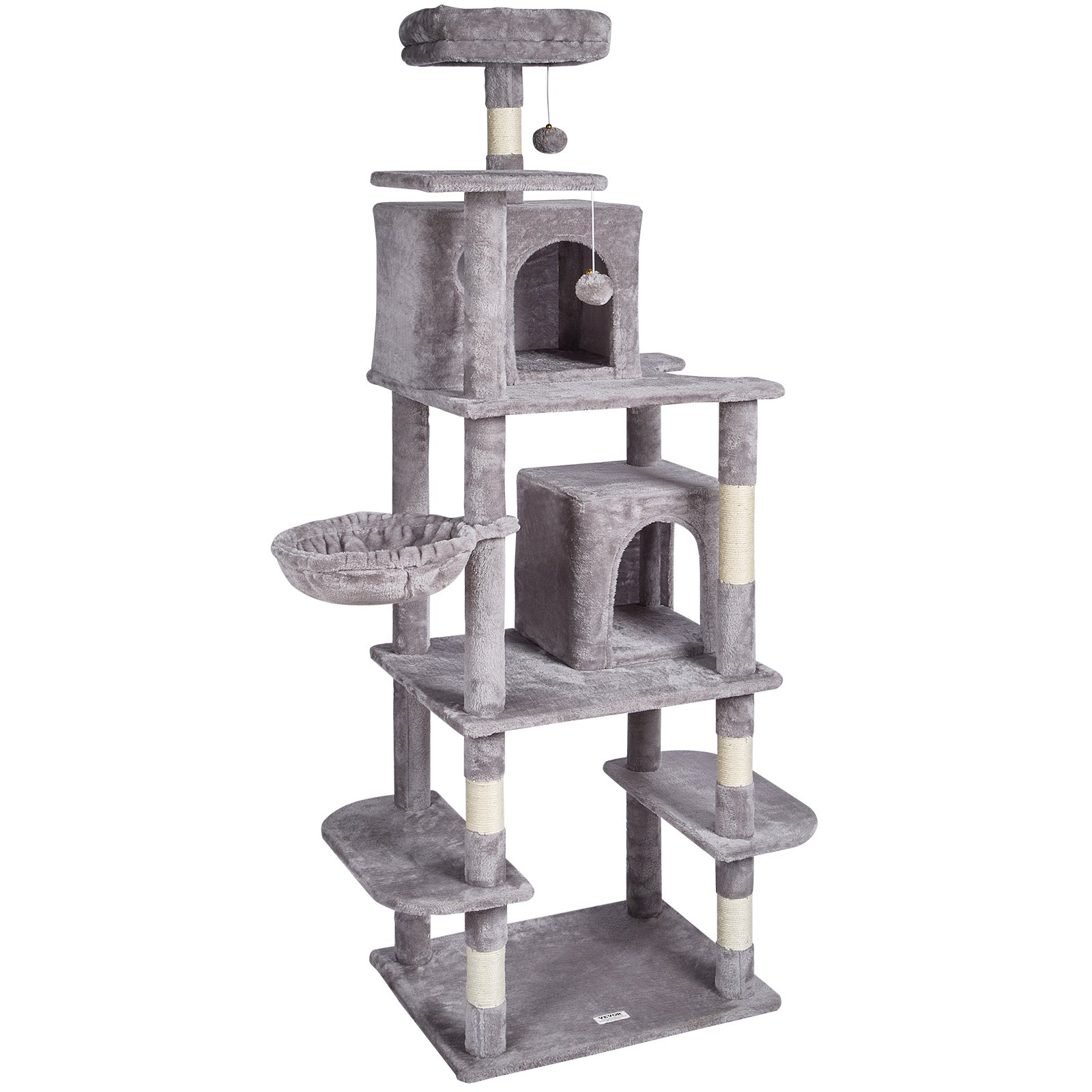 VEVOR Árbol para Gatos 174cm Torre de Escalada para Gatos con Rascador de Sisal 2 Casetas Hamaca Percha Superior Plataformas de Salto Bolas Colgantes para Actividad en Interior, Gris Claro