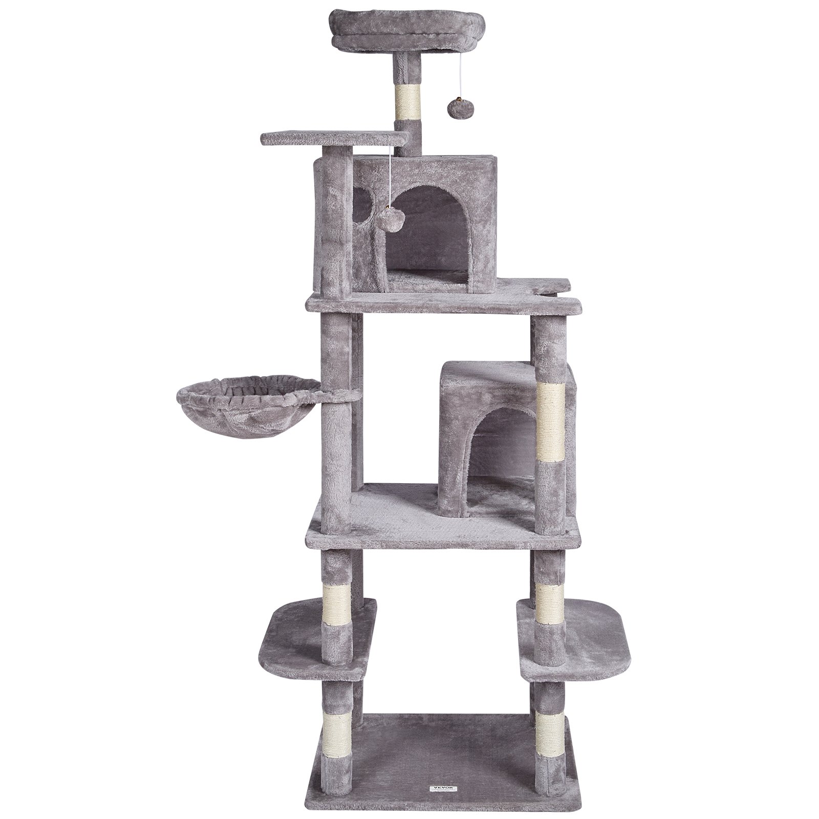 VEVOR Cat Tree for House Cats, 173.5 cm Cat Tower with 2 Cat Houses, Sisal Scratching Post, Hammock, Top Perch, Jumping Platforms, Large Cat Furniture Activity Center with Hanging Ball, Light Gray