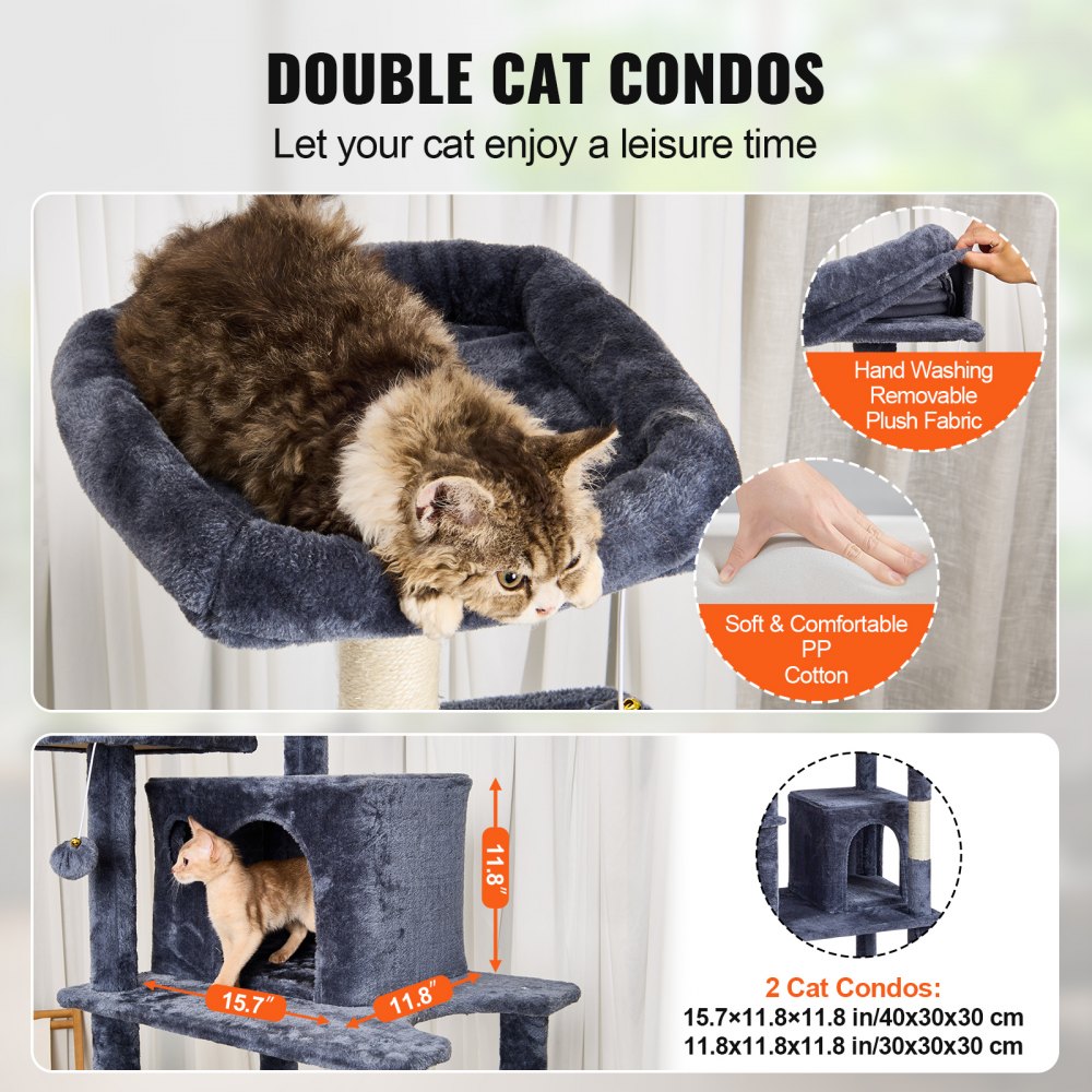 VEVOR Árbol para Gatos 174cm Torre de Escalada para Gatos con Rascador de Sisal 2 Casetas Hamaca Percha Superior Plataformas de Salto Bolas Colgantes para Actividad en Interior, Gris Oscuro