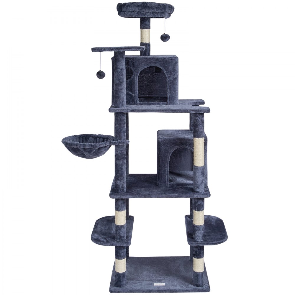 VEVOR Árbol para Gatos 174cm Torre de Escalada para Gatos con Rascador de Sisal 2 Casetas Hamaca Percha Superior Plataformas de Salto Bolas Colgantes para Actividad en Interior, Gris Oscuro