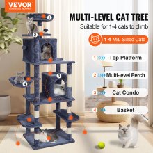 VEVOR Torre de Escalada 174cm Árbol para Gatos con Hamaca 2 Casitas, Gris Oscuro