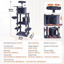 VEVOR Torre de Escalada 174cm Árbol para Gatos con Hamaca 2 Casitas, Gris Oscuro