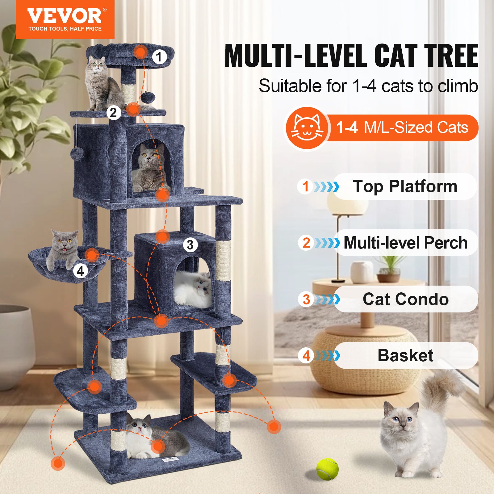 VEVOR Árbol para Gatos 174cm Torre de Escalada para Gatos con Rascador de Sisal 2 Casetas Hamaca Percha Superior Plataformas de Salto Bolas Colgantes para Actividad en Interior, Gris Oscuro