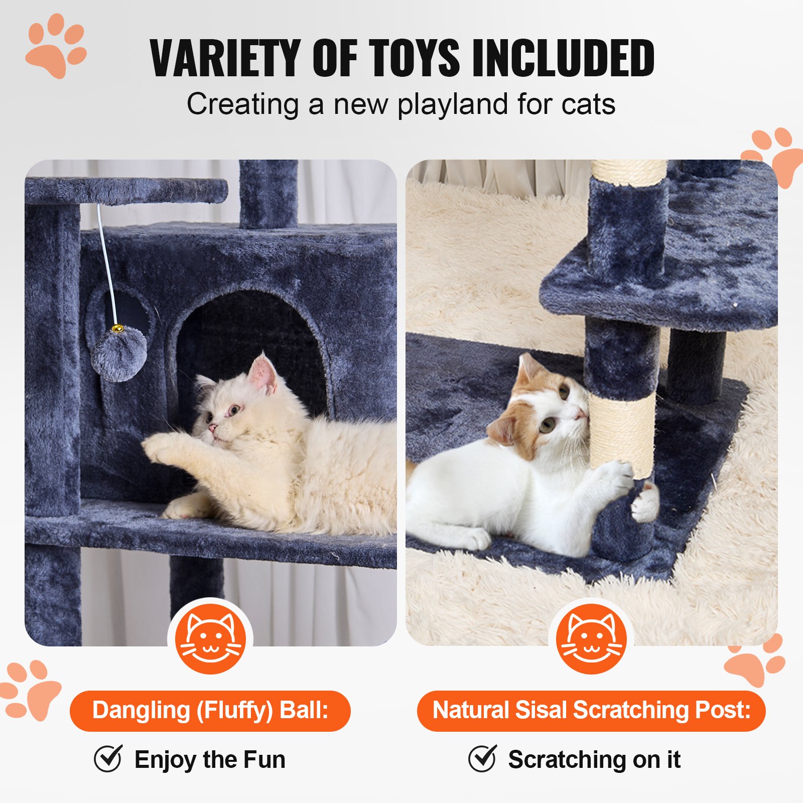 VEVOR Árbol para Gatos 174cm Torre de Escalada para Gatos con Rascador de Sisal 2 Casetas Hamaca Percha Superior Plataformas de Salto Bolas Colgantes para Actividad en Interior, Gris Oscuro